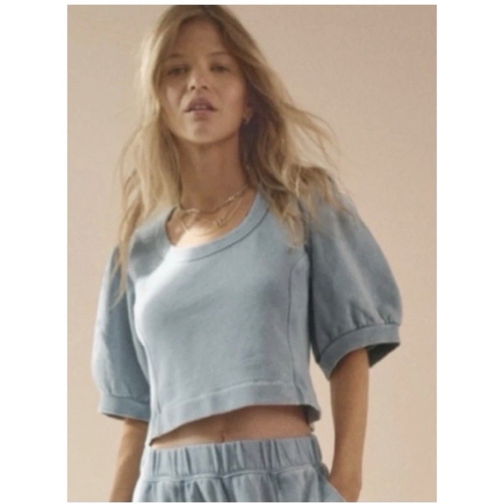 Aerie Seams Right Blue Acid Wash Puff Sleeve Cropped Sweatshirt Scoop Neck NWT
